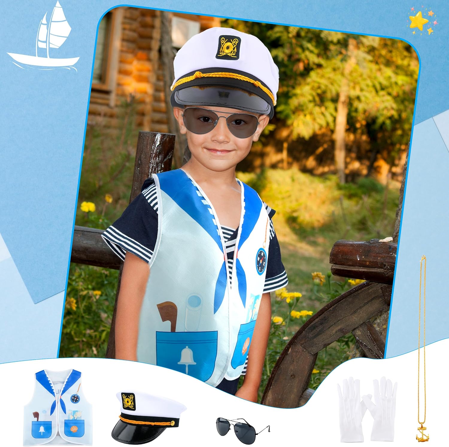 7 Pcs Kids Navy Captain Sailor Costume Set for Halloween Birthday