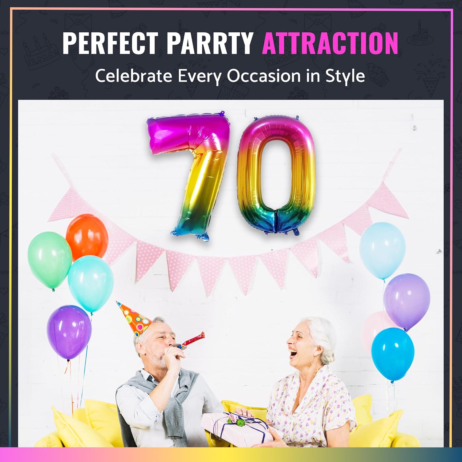 MARYSUN 70 Rainbow Number Foil Balloons for 70th Birthday Party