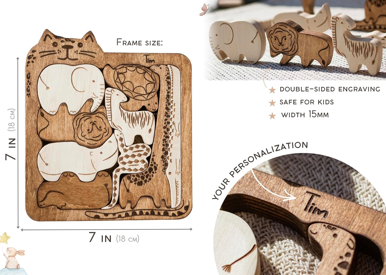 Handmade Wooden Animal Puzzle for Toddlers 3-5