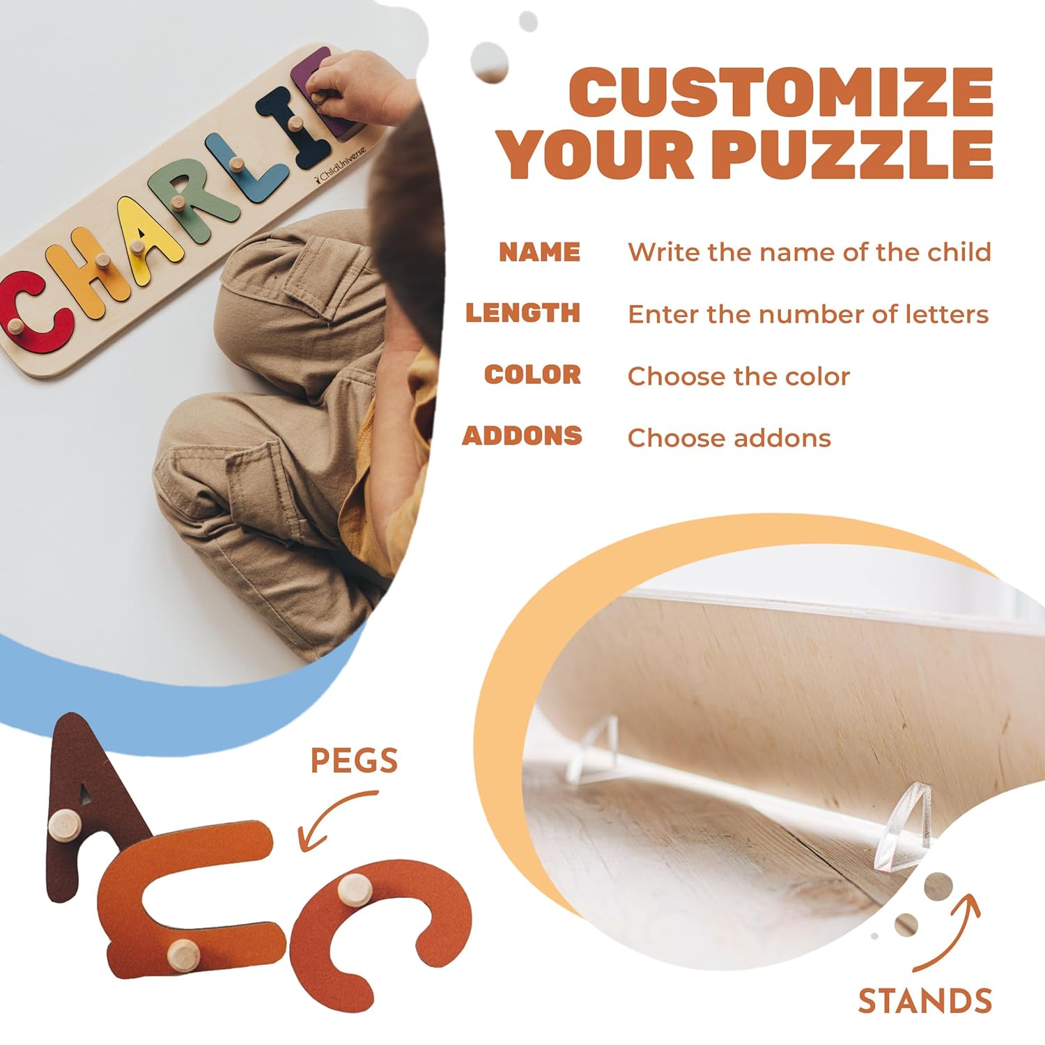 Personalized Wooden Name Puzzle for Kids 1-3 Years Old