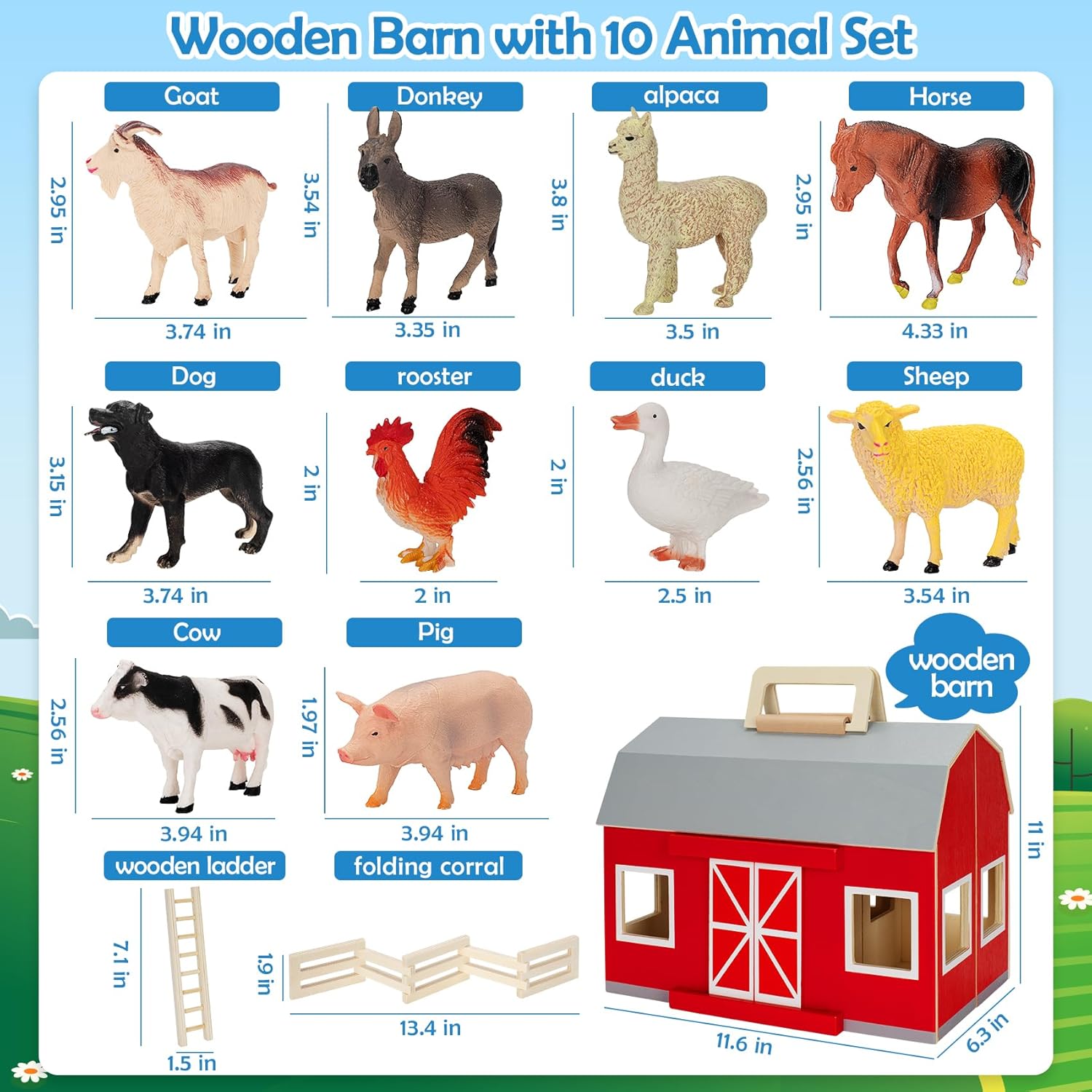 YEEBAY Farm Animals Playset for 3 Kids Wooden Barn Toy