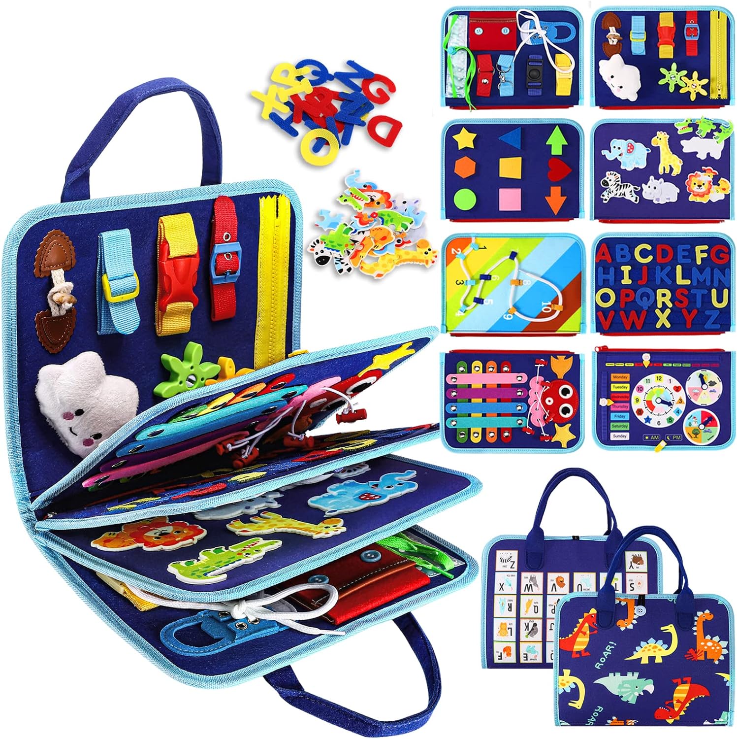 Esjay Toddler Busy Board with 8 Pages Blue Dinosaur Design