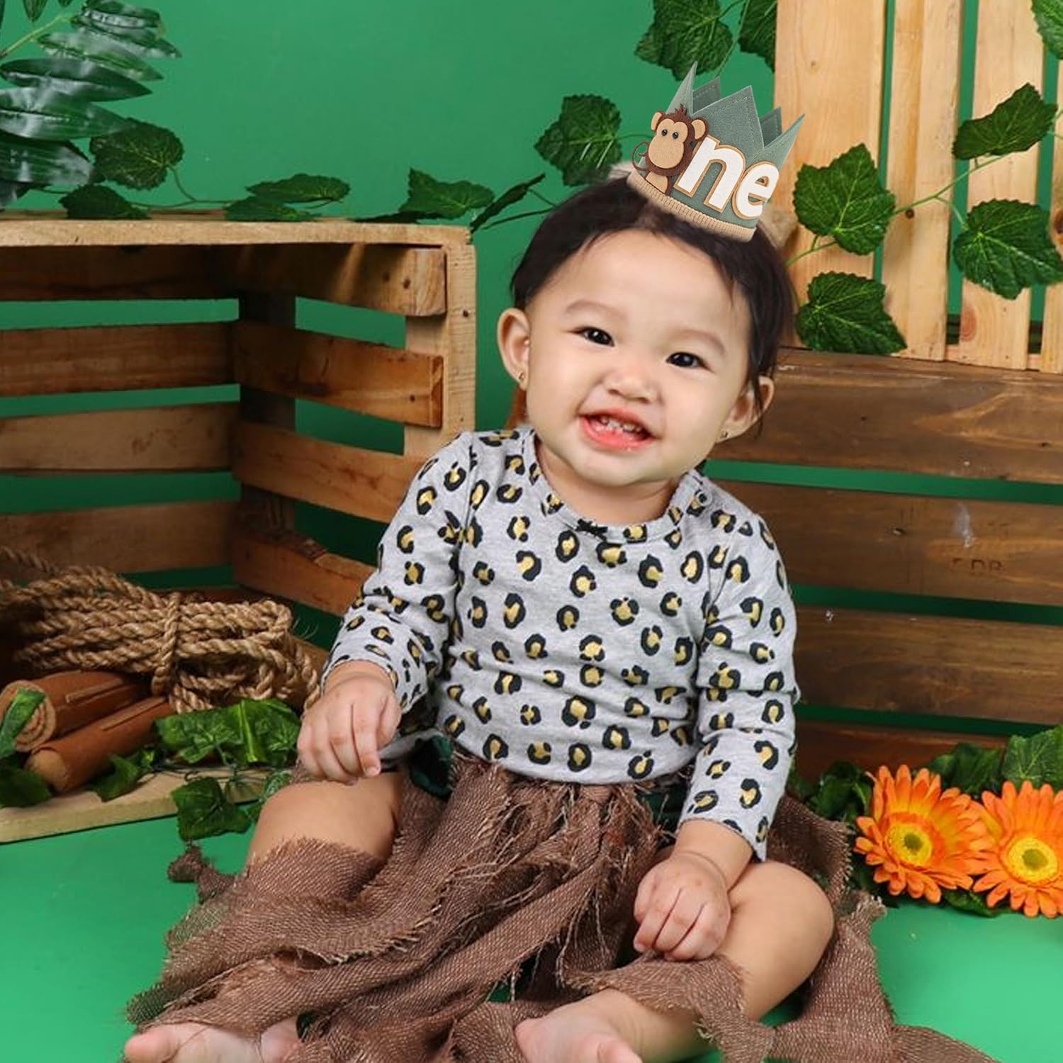 Monkey 1st Birthday Crown - Olive Green Safari Hat for Boys