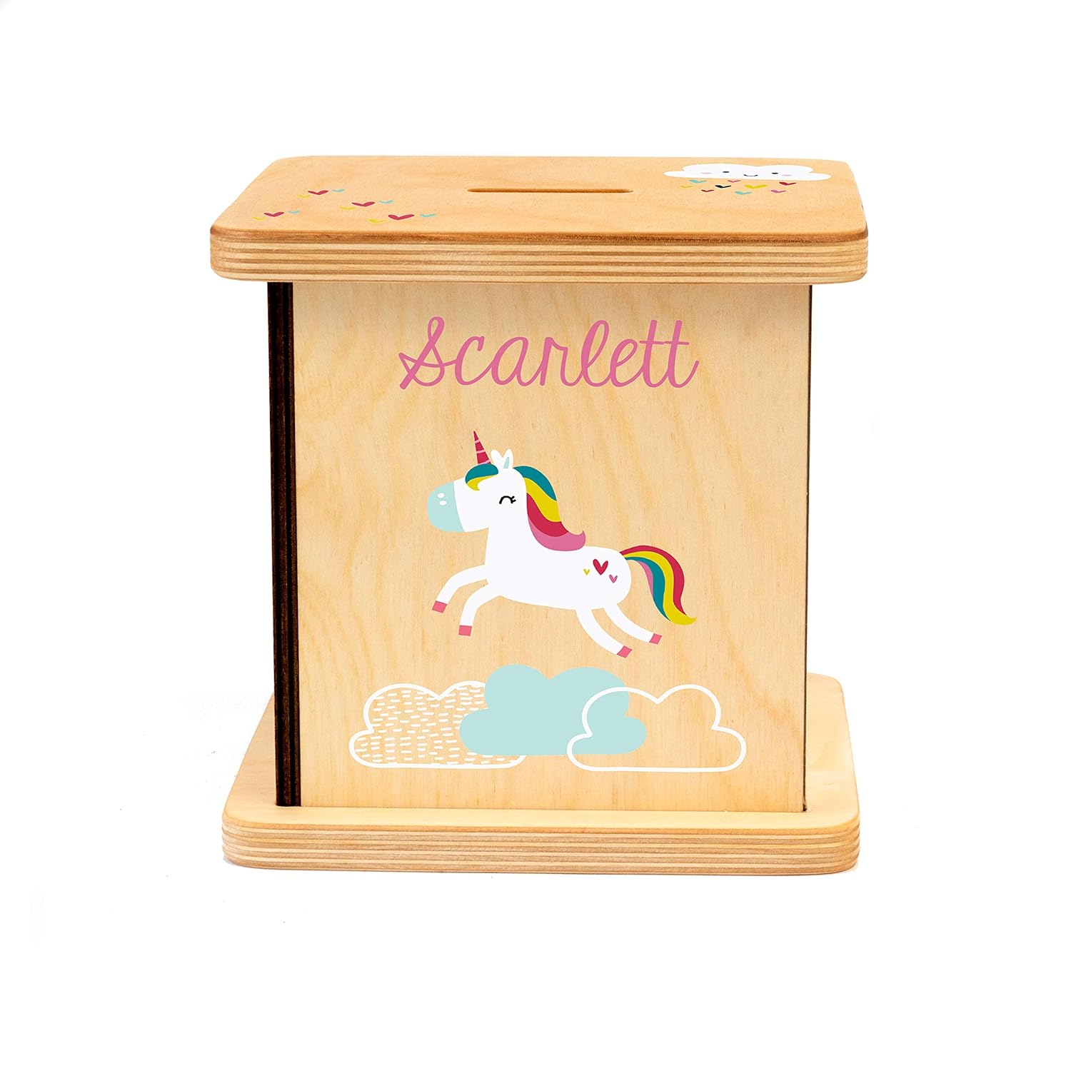 BloomOwl Wooden Piggy Bank - Personalized Unicorn Doodle Gift