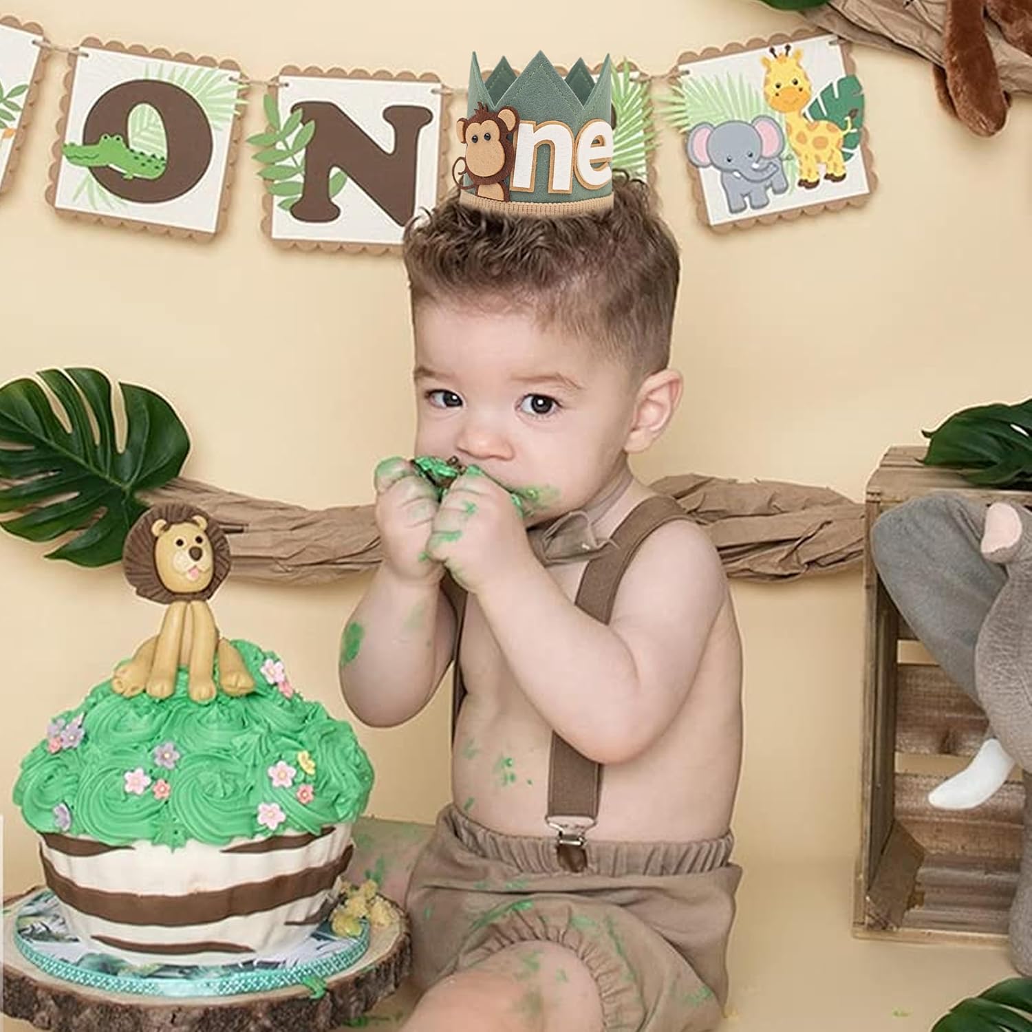 Monkey 1st Birthday Crown - Olive Green Safari Hat for Boys