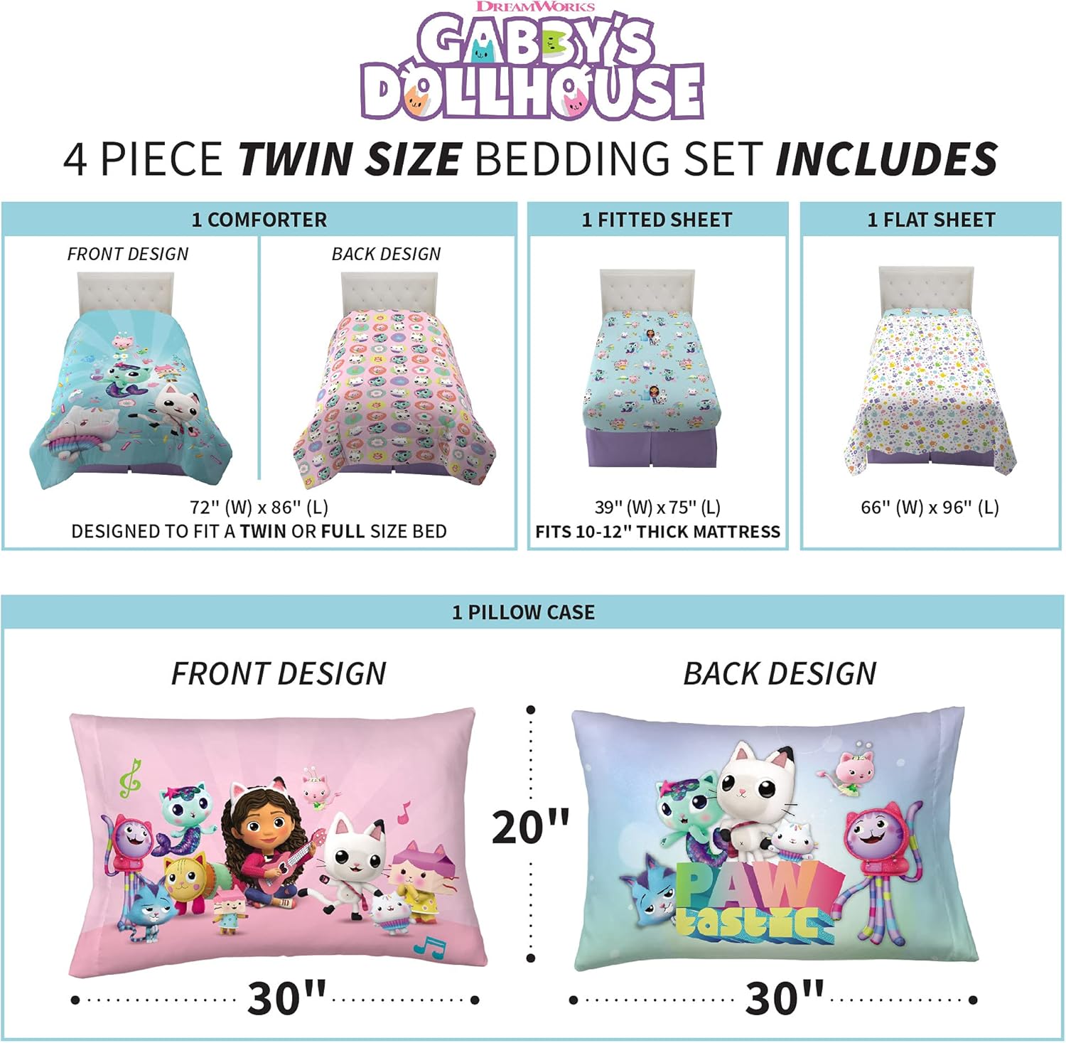 Franco DreamWorks Gabbys Dollhouse 4-Piece Twin Bedding Set