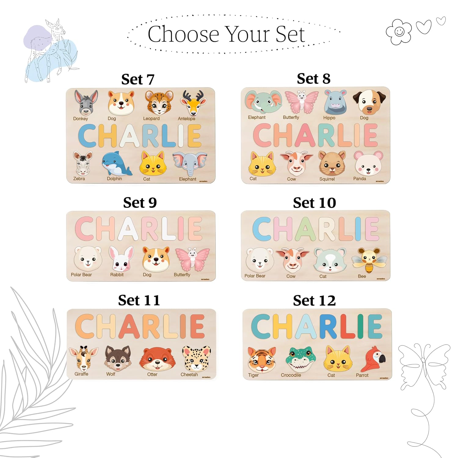 Personalized Wooden Name Puzzle with Cute Animals 1