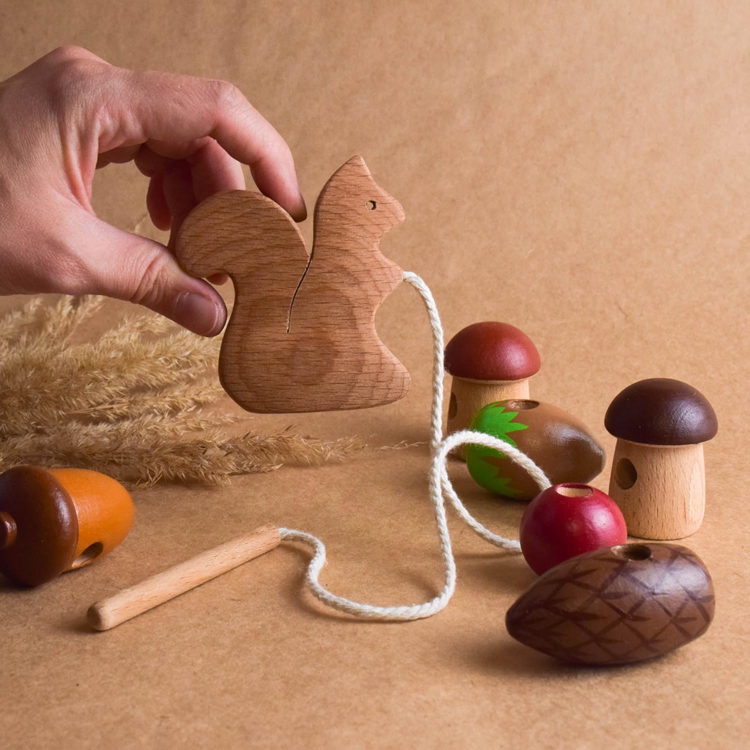 Wooden Lacing Toy Squirrel Montessori Educational Toy