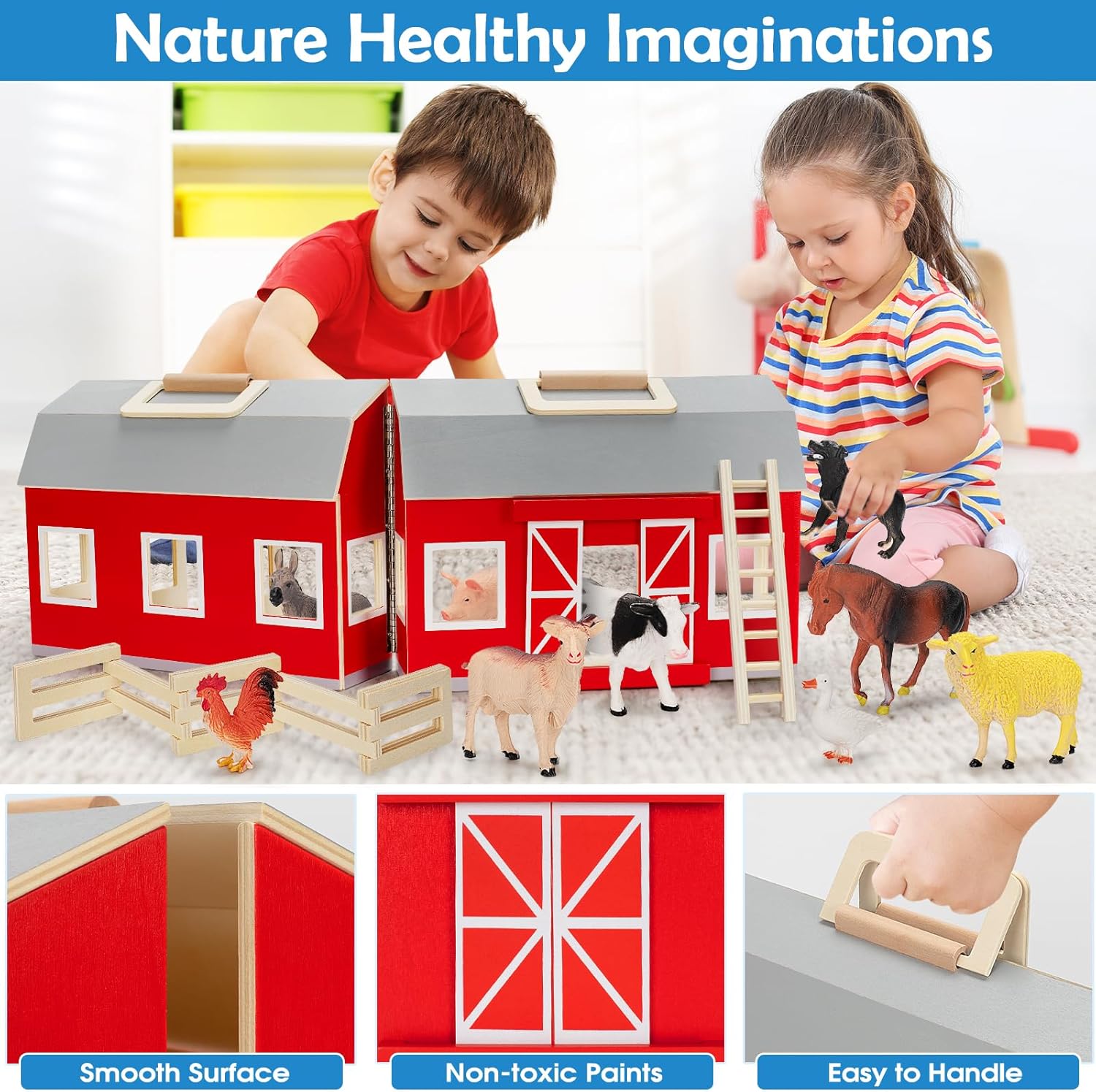 YEEBAY Farm Animals Playset for 3 Kids Wooden Barn Toy
