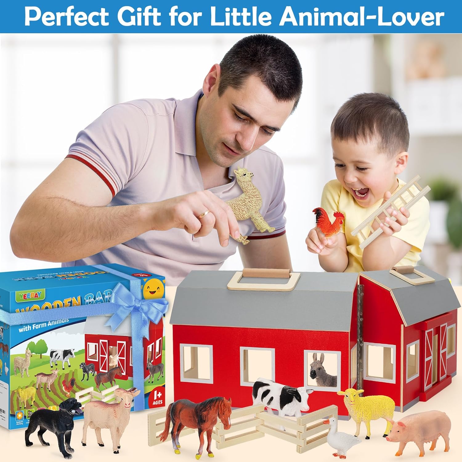 YEEBAY Farm Animals Playset for 3 Kids Wooden Barn Toy