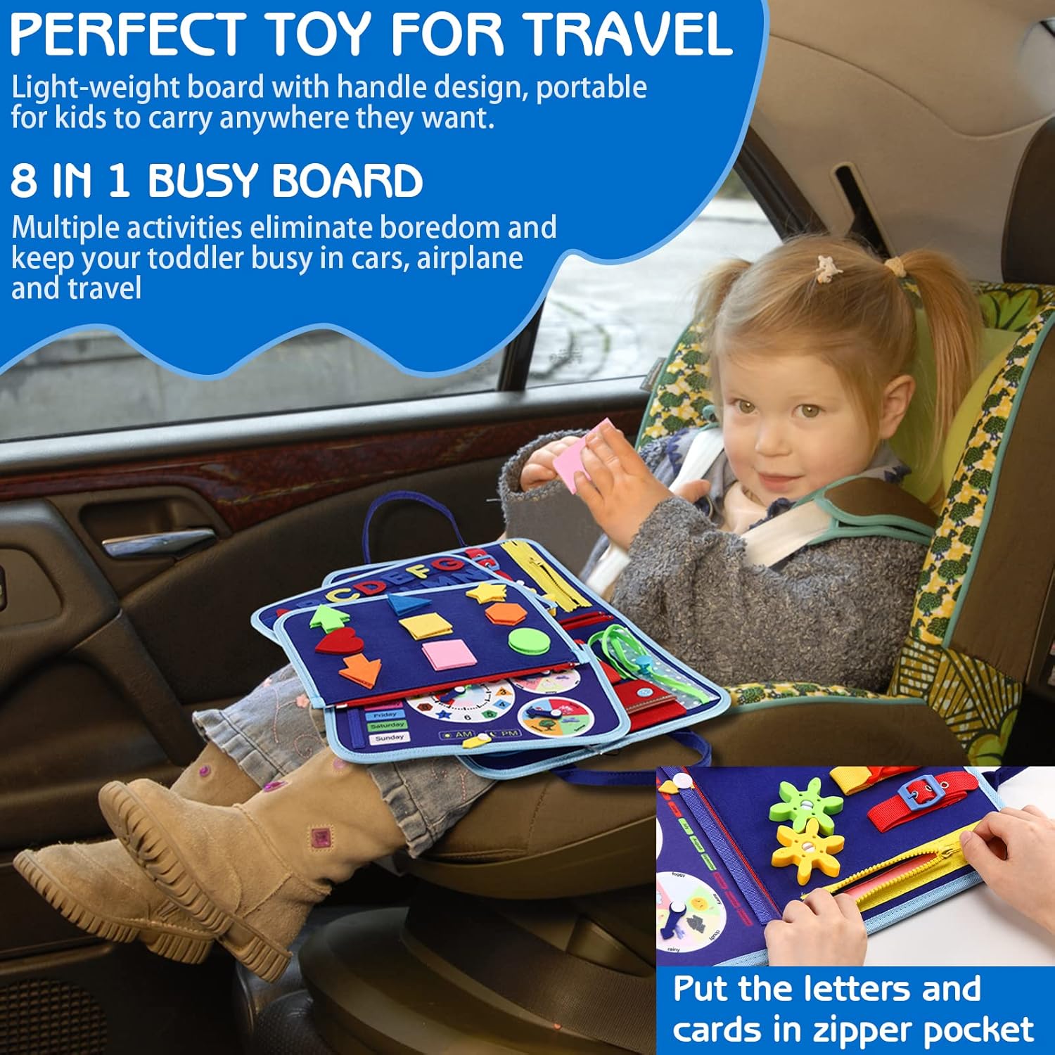 Esjay Toddler Busy Board with 8 Pages Blue Dinosaur Design