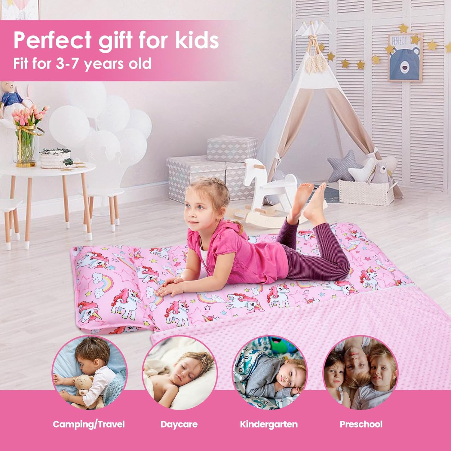 Kids Sleeping Bag Nap Mat with Pillow and Blanket 1