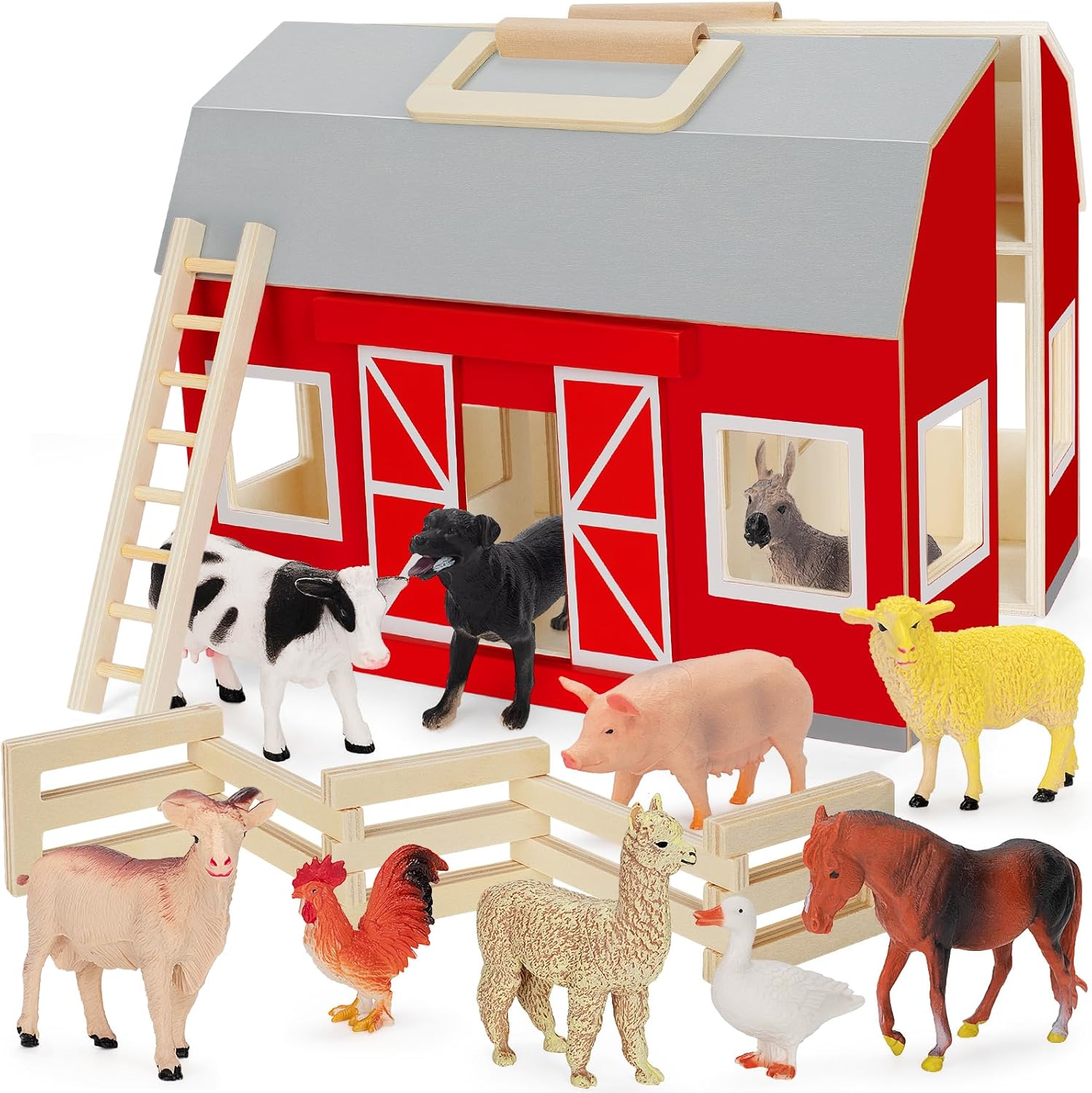 YEEBAY Farm Animals Playset for 3 Kids Wooden Barn Toy