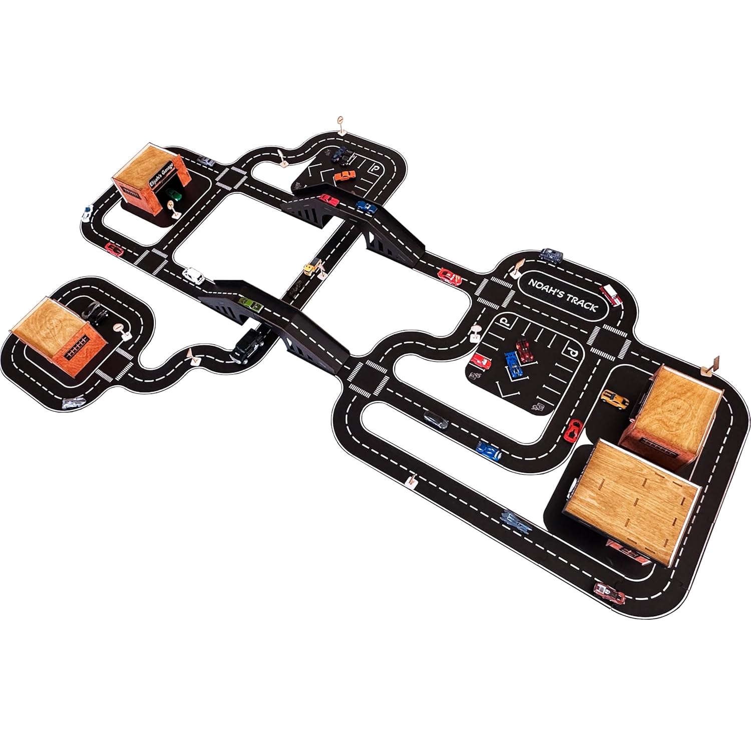Wooden Car Track Playset with Garages and Bridge