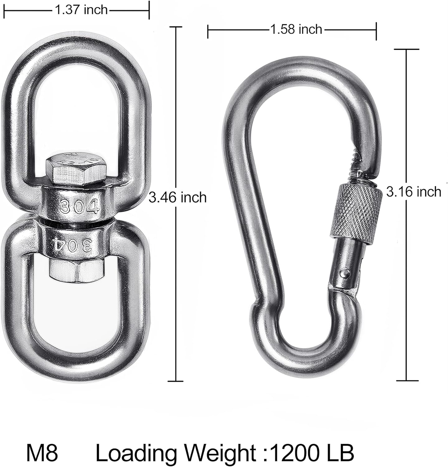 Velomill 304 Stainless Steel Swivel Eye Hook M8 Double Ended with Snap Hooks