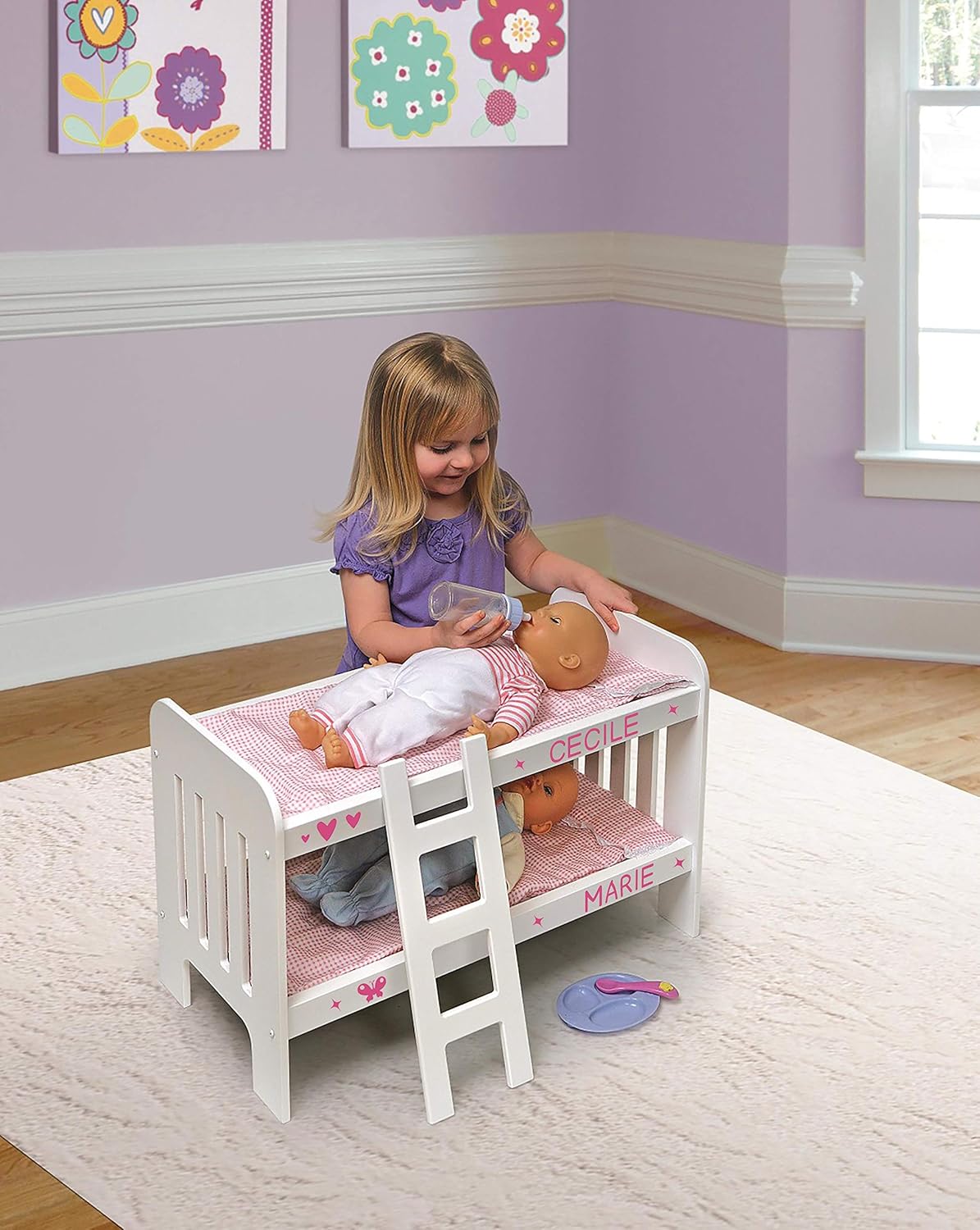 Badger Basket Doll Bunk Bed with Ladder and Bedding - White and Pink Gingham