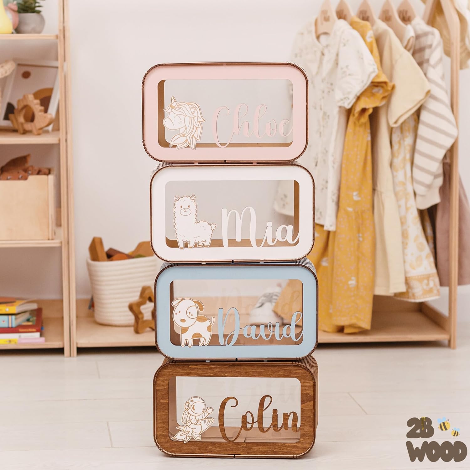Personalized Wooden Piggy Bank for Kids - Custom Name Animal Design