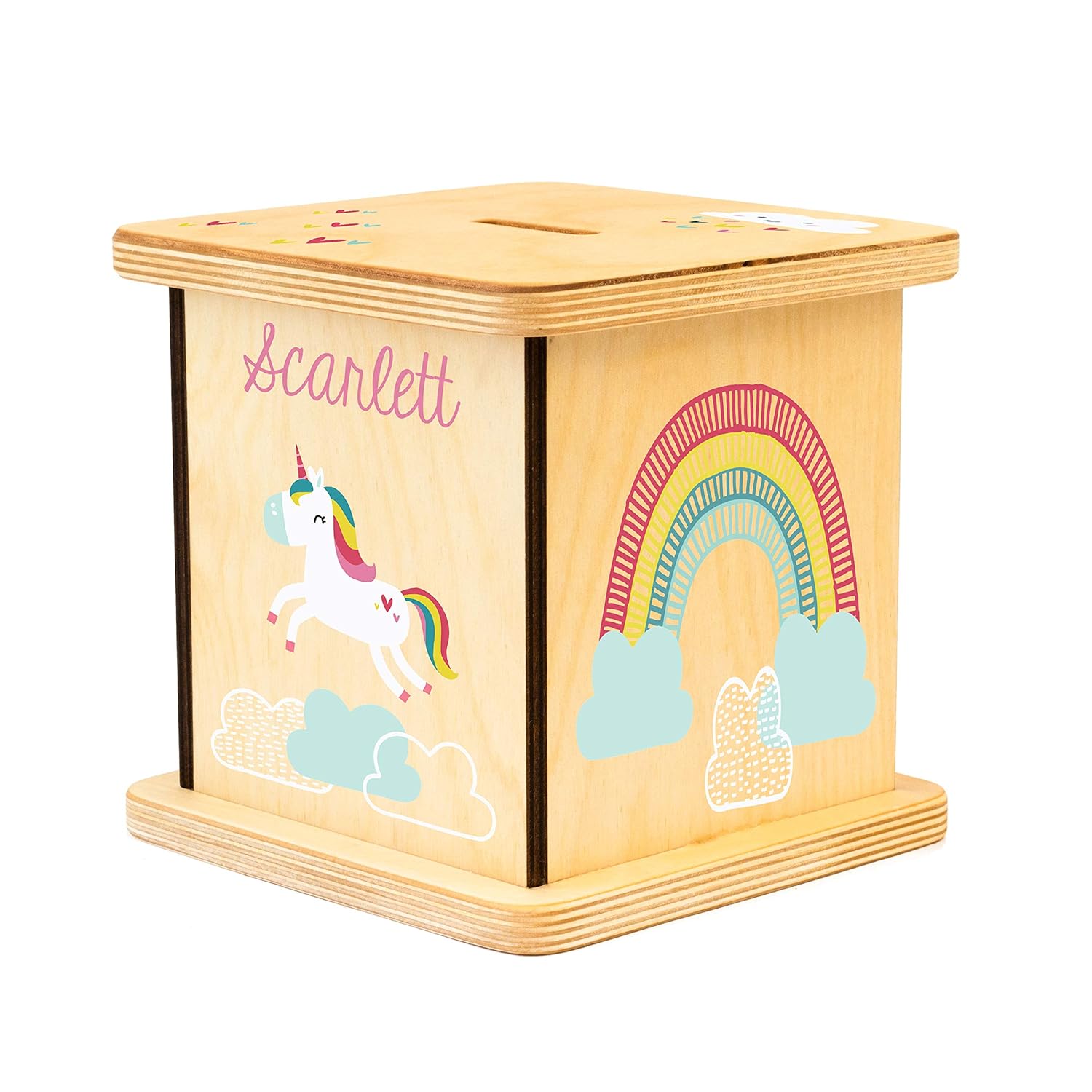 BloomOwl Wooden Piggy Bank - Personalized Unicorn Doodle Gift
