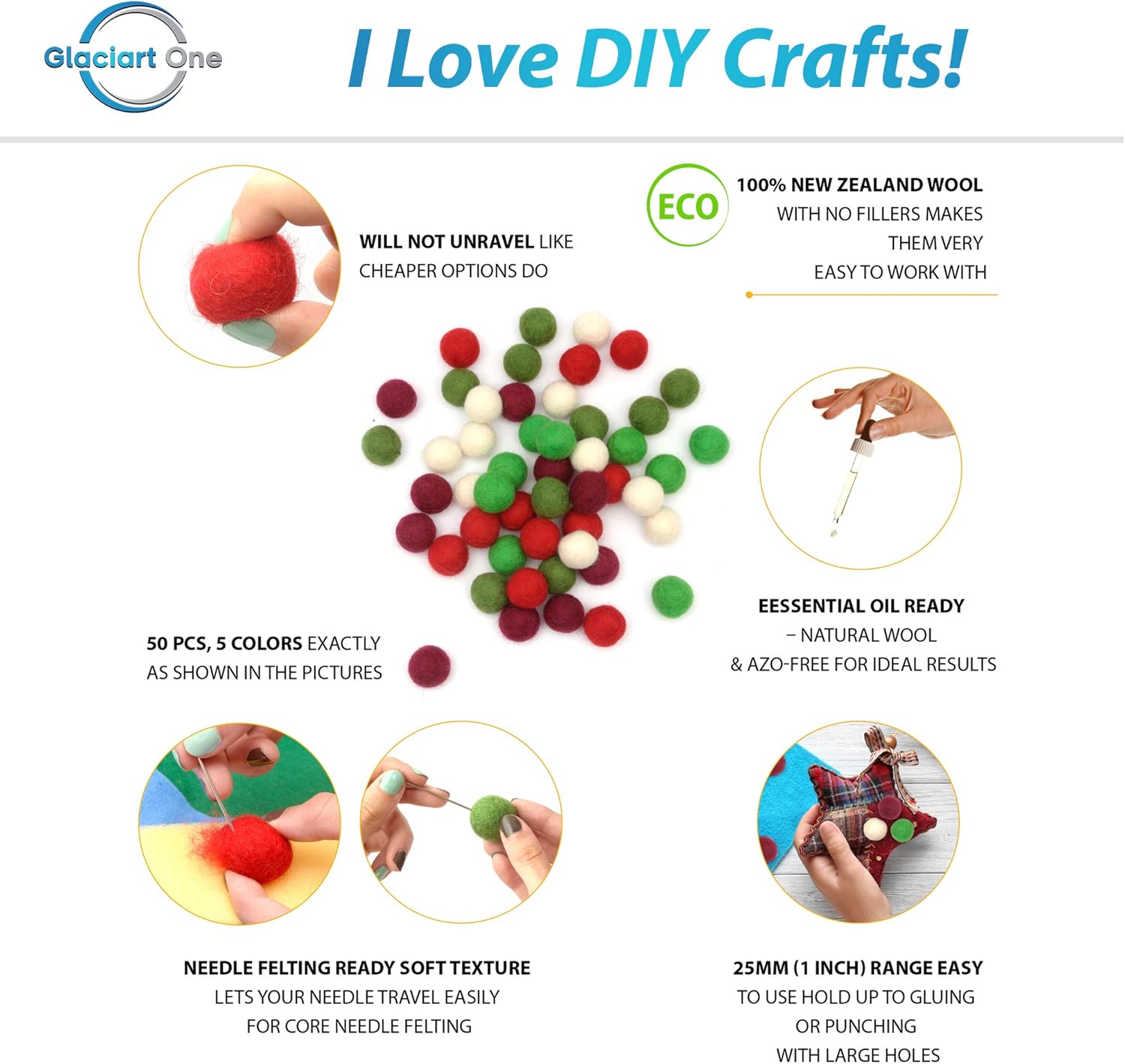 Glaciart One 50pcs Wool Felt Balls 1 Inch for Crafts