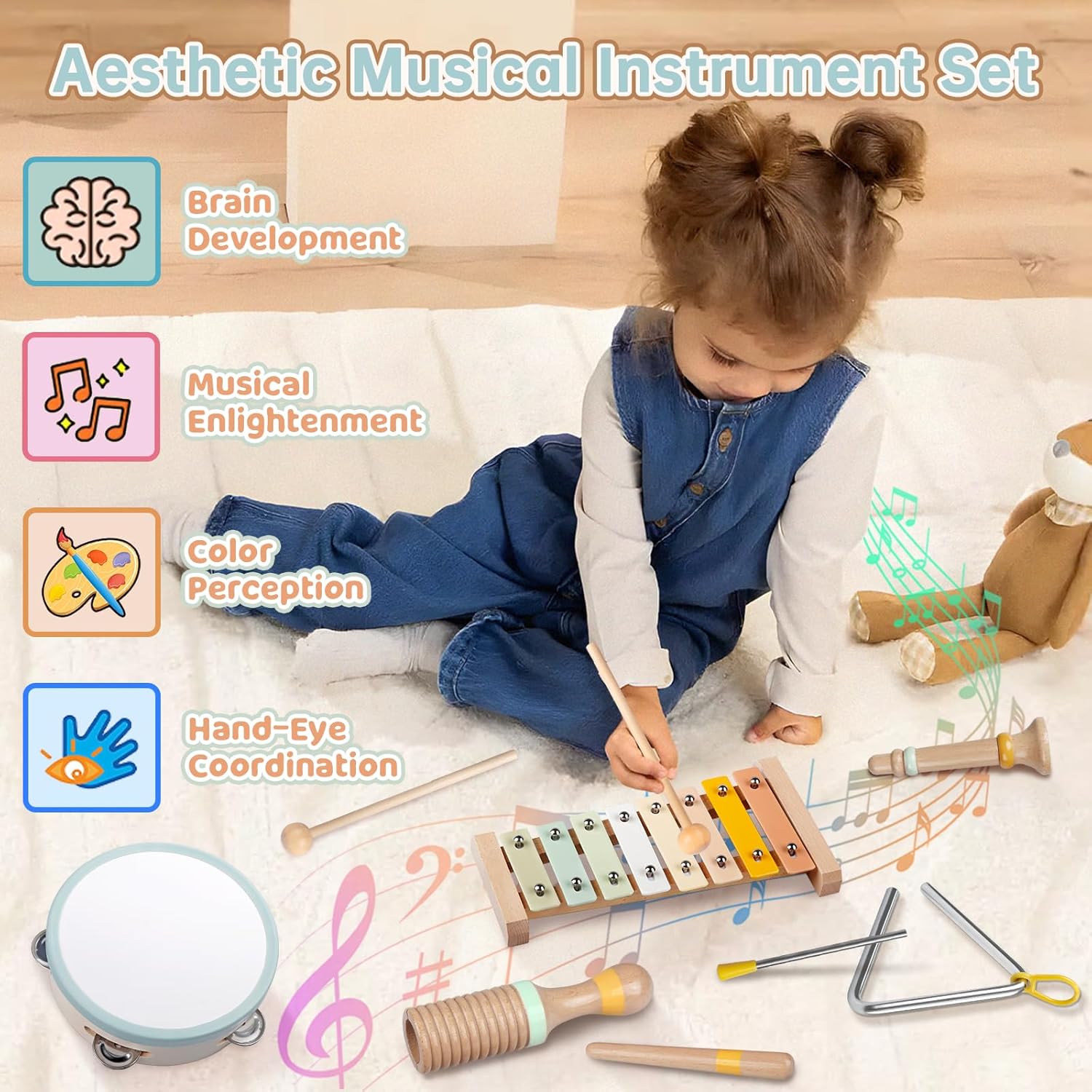 Rmischolar Wooden Music Toy Set for Toddlers 1-3