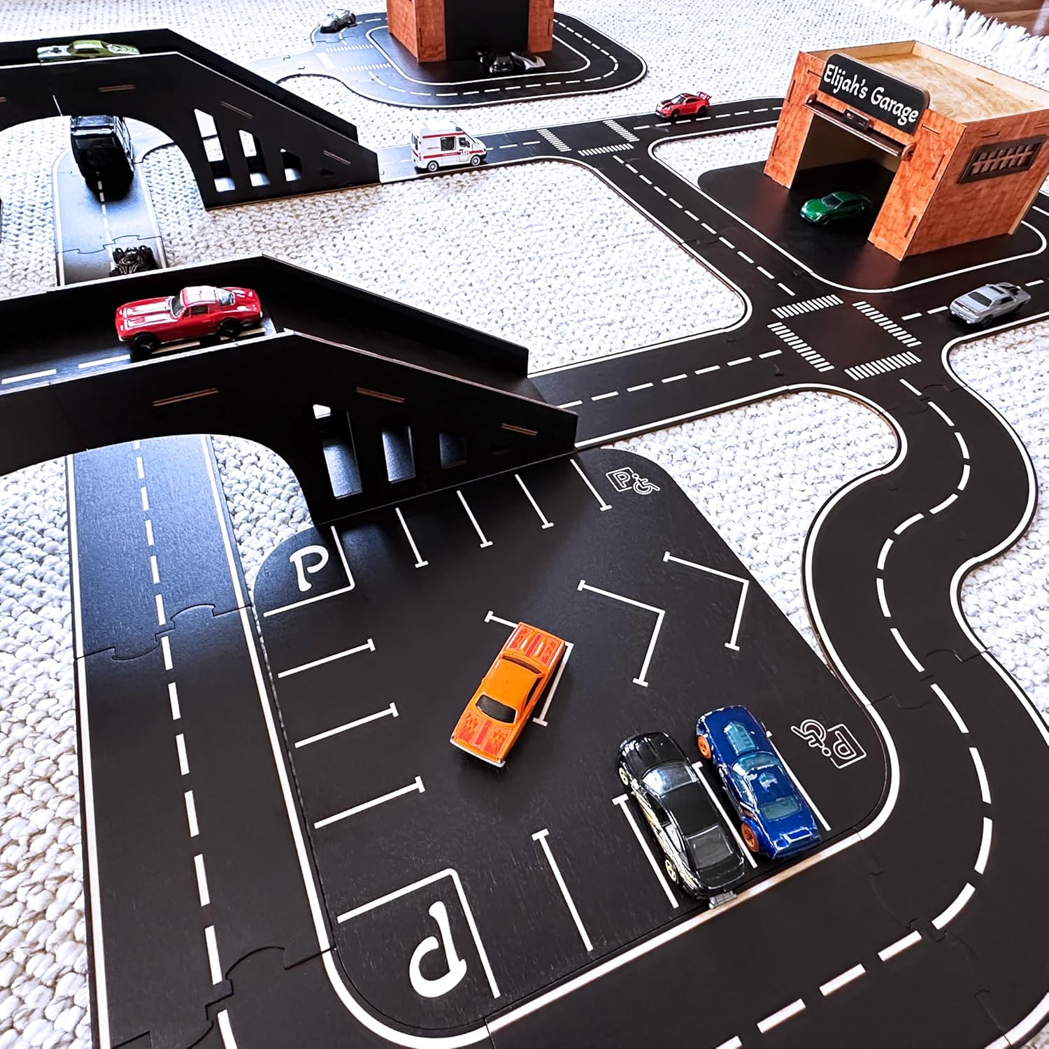 Wooden Car Track Playset with Garages and Bridge