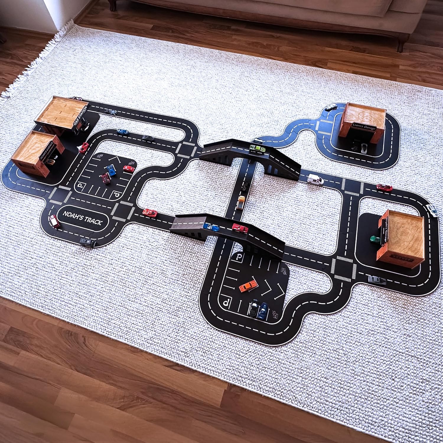 Wooden Car Track Playset with Garages and Bridge