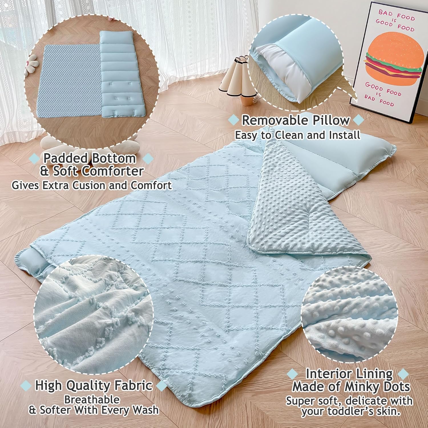 VIVILINEN Tufted Toddler Nap Mat with Pillow for Kids