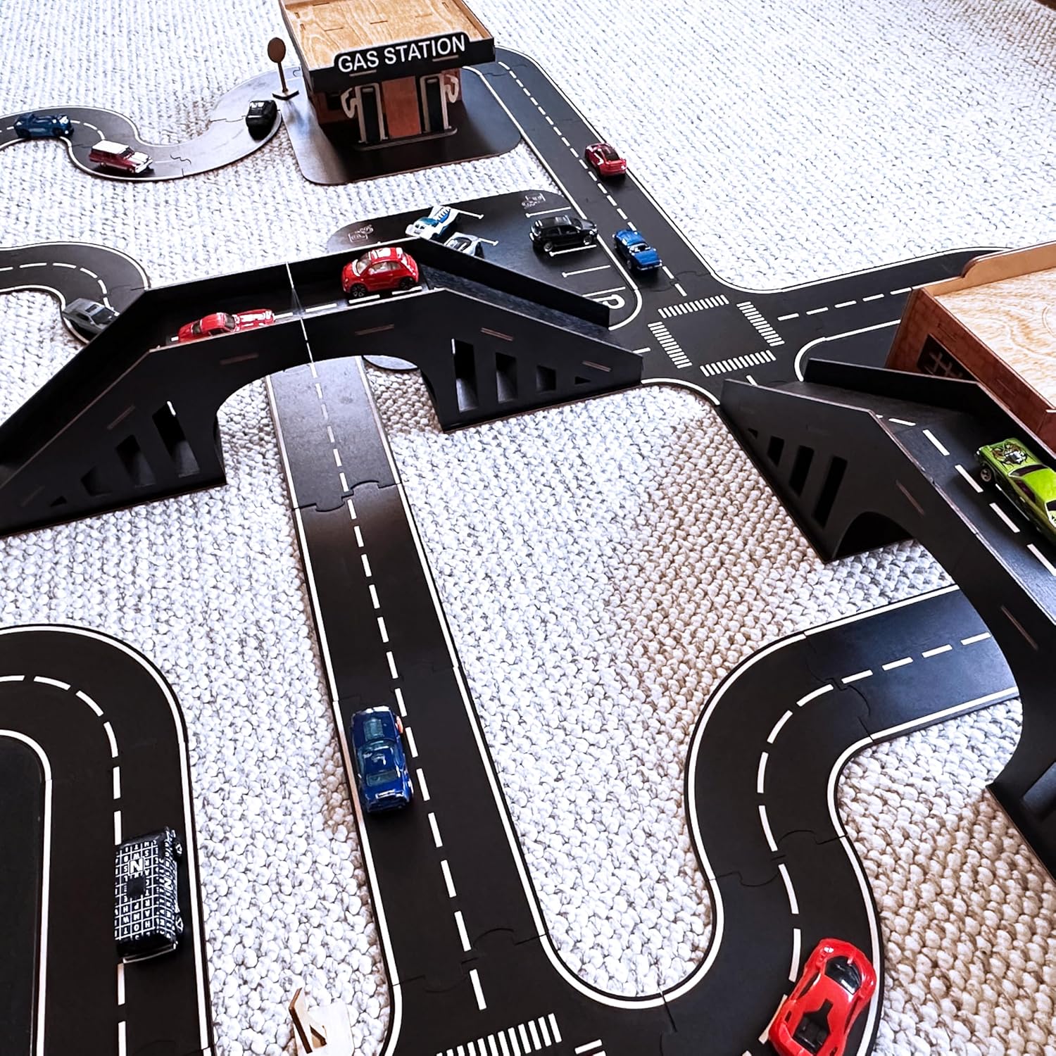 Wooden Car Track Playset with Garages and Bridge