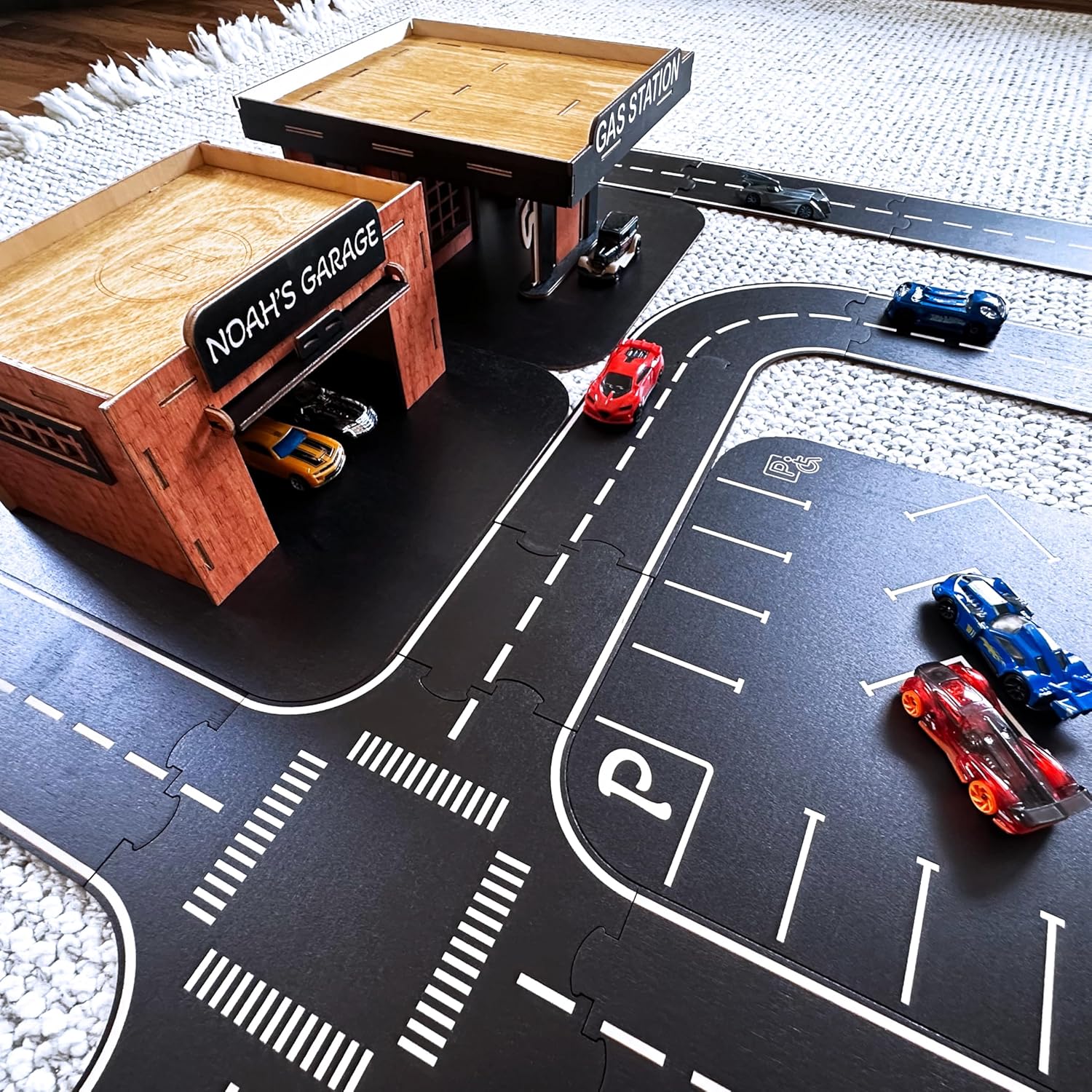 Wooden Car Track Playset with Garages and Bridge