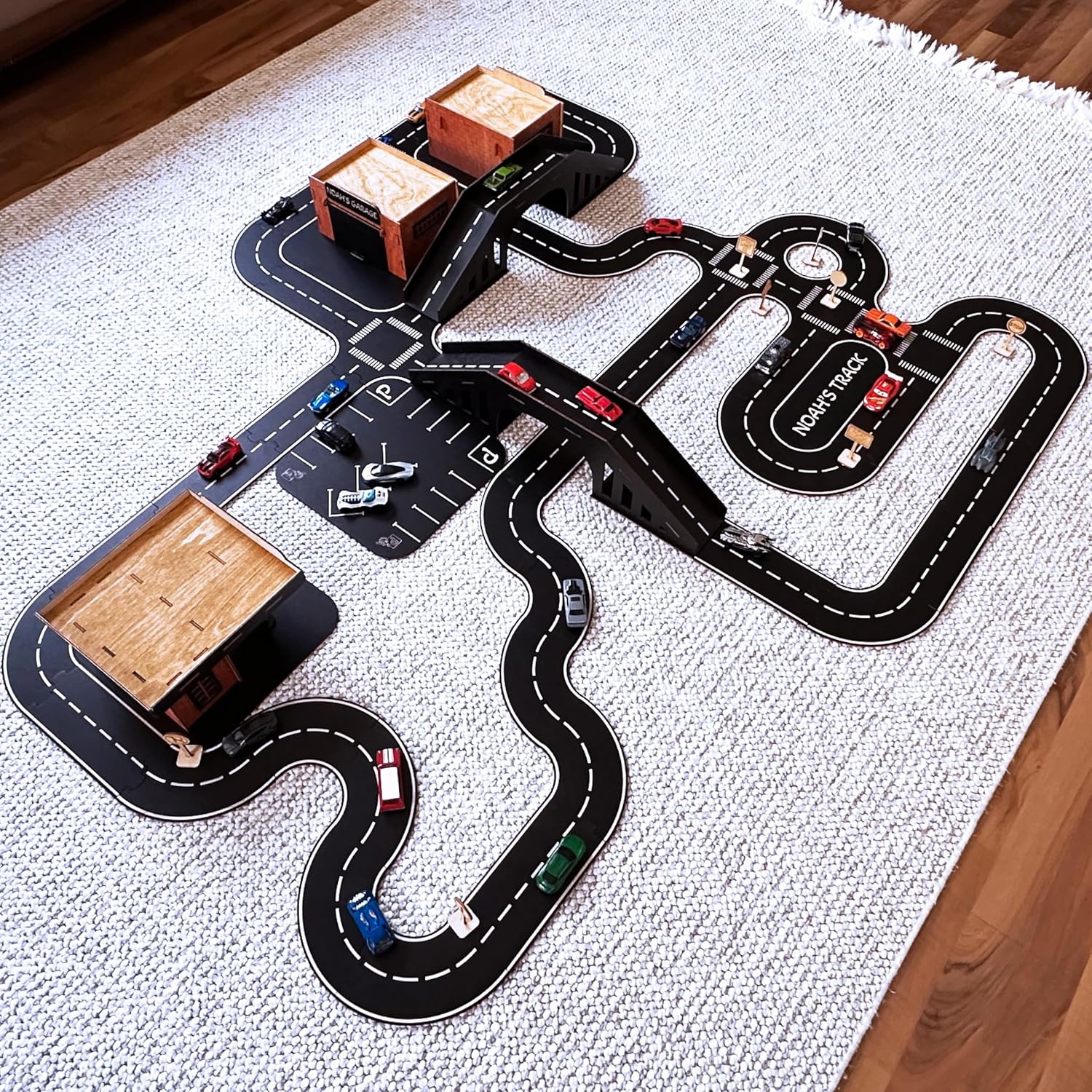 Wooden Car Track Playset with Garages and Bridge