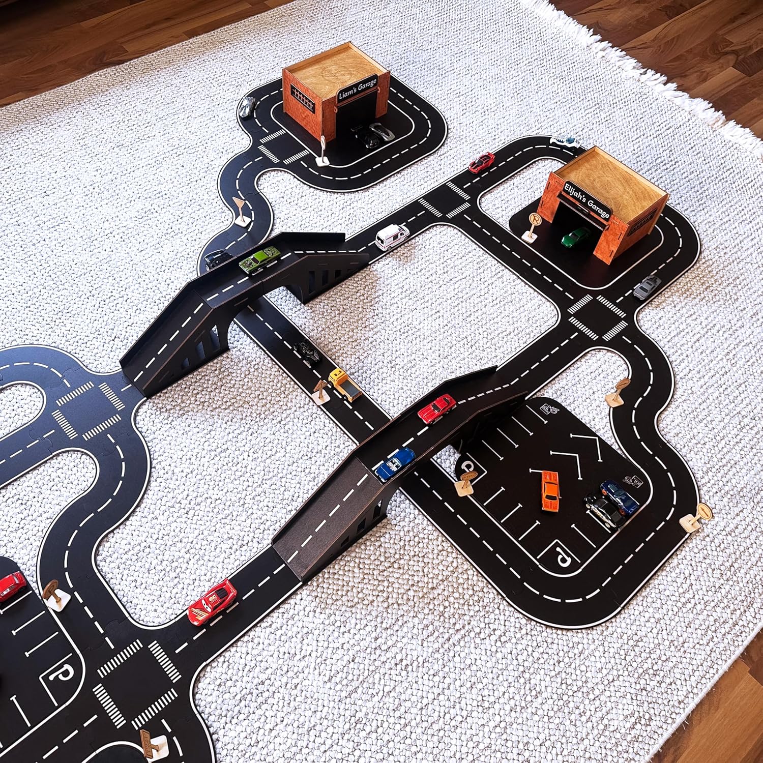 Wooden Car Track Playset with Garages and Bridge
