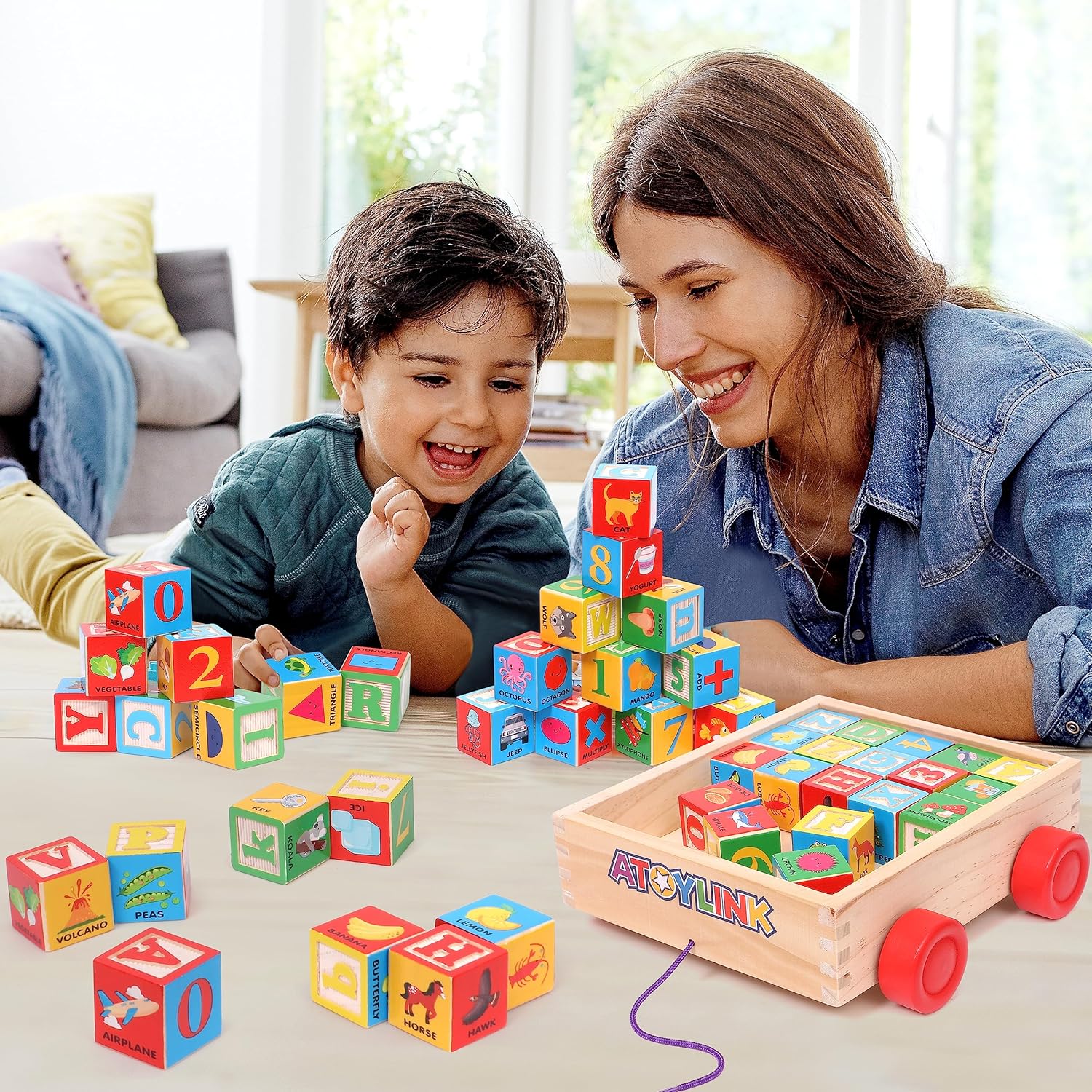 Atoylink Alphabet Number Wooden Stacking Blocks for Toddlers 1-3