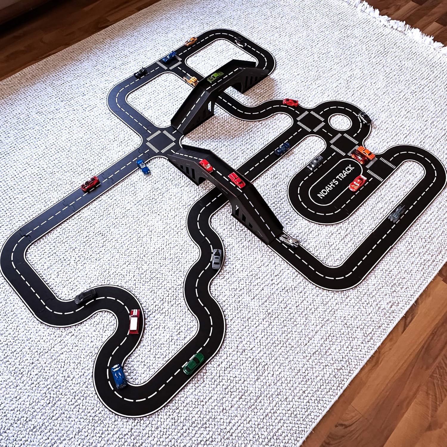 Wooden Car Track Playset with Garages and Bridge